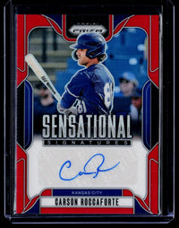 2025 Panini Prizm Baseball Sensational Signatures Carson Roccaforte Red White Blue Prizm Auto #SS-CR 59/99 - front
