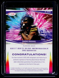 2025 SAGE Autograph Ahmani Marshall Autograph Card A-AM2 - back