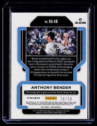 2022 Panini Prizm Baseball Rookie Autographs Anthony Bender RA-AB Blue Wave Prizms /50 - back