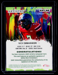 SAGE Artistry Autograph Nick Emmanwori South Carolina ART-NE - back