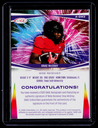 2025 SAGE Autograph Drae McCray Auto #A-DM3 Texas Tech - back