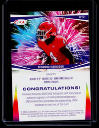 2025 SAGE Autographs Desmond Igbinosun Blue High Series Auto #A-DI - back