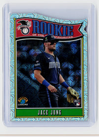 2025 Bowman Chrome Rookie of the Year Favorites Aqua Lava Refractor ROY-8 Jace Jung RC - front