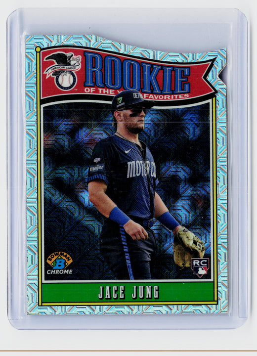 2025 Bowman Chrome Rookie of the Year Favorites Aqua Lava Refractor ROY-8 Jace Jung RC - front