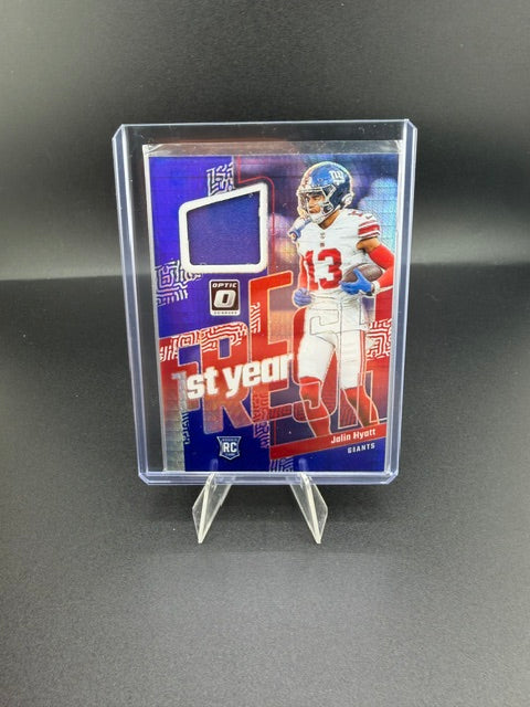 2023 Panini Donruss Optic Football 1st Year Fresh Jalin Hyatt #FYF-JHY Rookie Memorabilia Card - front