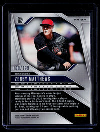 2025 Panini Prizm Baseball Zebby Matthews Blue Prizm RC #167 /199 - back