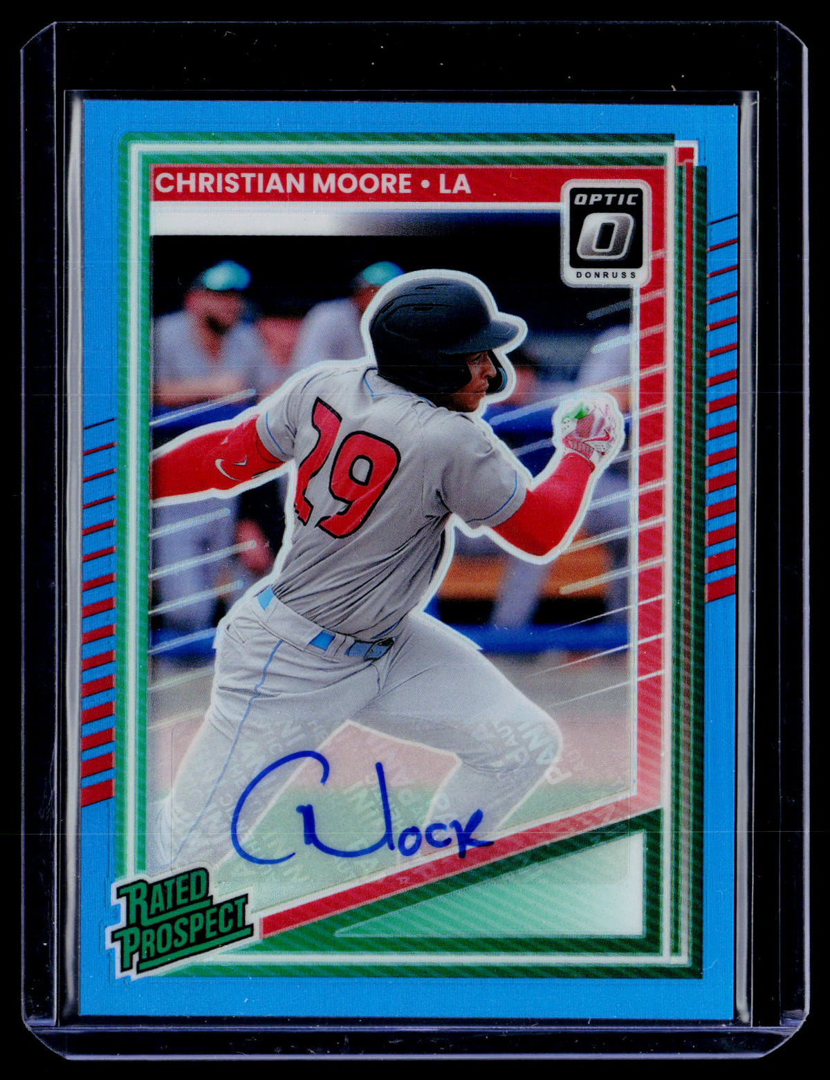 2025 Panini Donruss Baseball Rated Prospects Optic Signatures Christian Moore #145 Carolina Blue Auto /35 - front