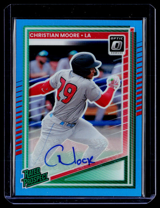 2025 Panini Donruss Baseball Rated Prospects Optic Signatures Christian Moore #145 Carolina Blue Auto /35 - front