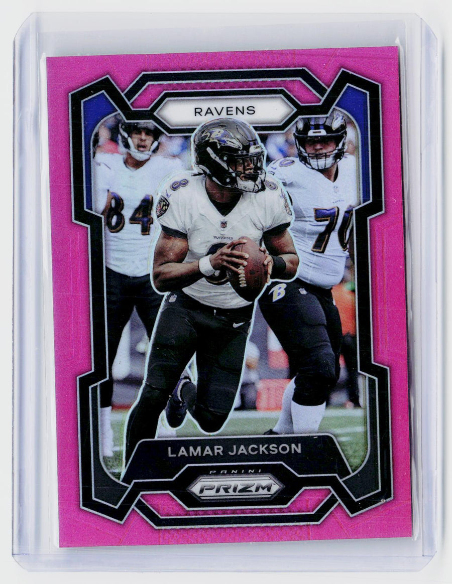 2023 Panini Prizm Football Lamar Jackson Pink Prizm #18 Baltimore Ravens - front
