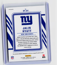 2023 Panini Donruss Optic Rookie Phenom Jalin Hyatt New York Giants Memorabilia Card RP-JHY - back