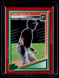 2025 Panini Donruss Baseball Rated Prospect James Tibbs III #187 Red Prizm Optic /99 - front