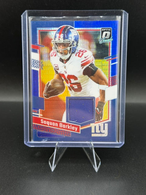 2023 Panini Donruss Optic Football Saquon Barkley Downtown Threads DT-SB Blue Hyper Prizm - front