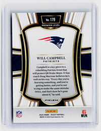 2025 Panini Select Football Will Campbell Rookie Premier Level #179 New England Patriots - back