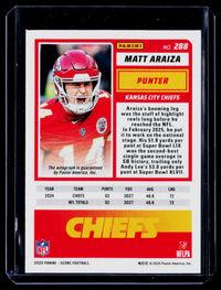 2025 Panini Score Football Matt Araiza #288 Green Autograph Chiefs - back