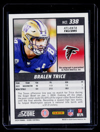 2024 Panini Score Football Bralen Trice Rookie Autograph #338 Atlanta Falcons - back