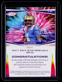 2025 SAGE HIT Autographs Purple Bryan Addison Auto #A-BA UCLA - back