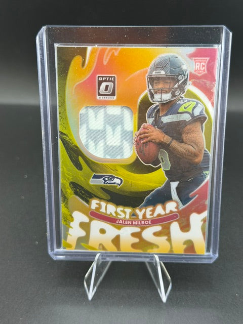 2025 Panini Donruss Optic First Year Fresh Jalen Milroe Neon Yellow #FYFBH-JME /99 - front