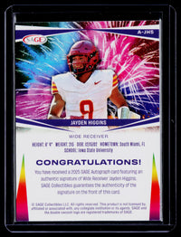2025 SAGE Autograph Jayden Higgins Autograph #A-JH5 - back