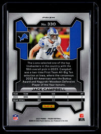 2023 Panini Prizm Football Jack Campbell Orange Disco Rookie #330 Detroit Lions - back