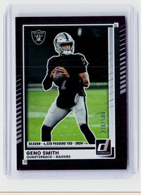2025 Panini Donruss Geno Smith Purple Press Proof #213 /500 Las Vegas Raiders - front