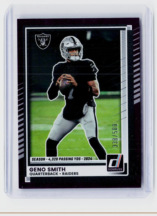 2025 Panini Donruss Geno Smith Purple Press Proof #213 /500 Las Vegas Raiders - front