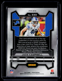 2023 Panini Prizm Football Jack Campbell Orange Disco Rookie #330 - back